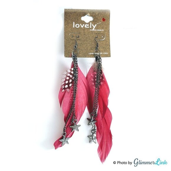 Lovely Long Pink & Polka Dot Feather Earrings with Dangling Stars - Picture 5 of 11
